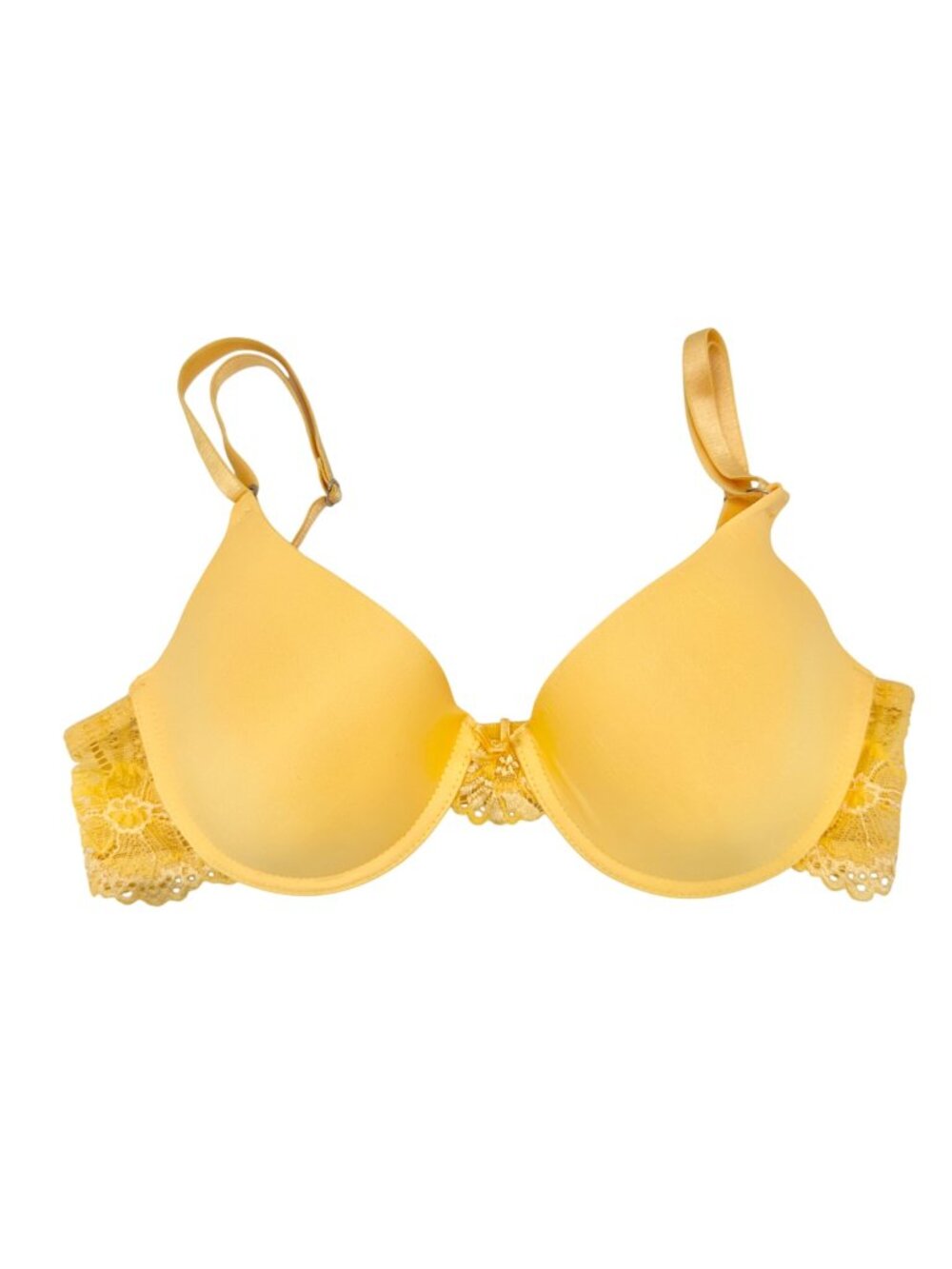 Yellow Padded Bra Size 34B Adjustable Straps Hook Closure Floral Lace Trim